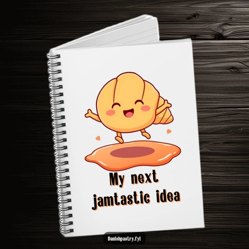 Funny notebook cover with a smiling croissant on legs, jumping over a jam puddle. Perfect for jotting down funny thoughts.