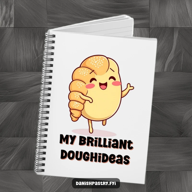 Funny Croissant Jig Notebook featuring a happy, dancing croissant, perfect for jotting down notes with humorous pastry flair.