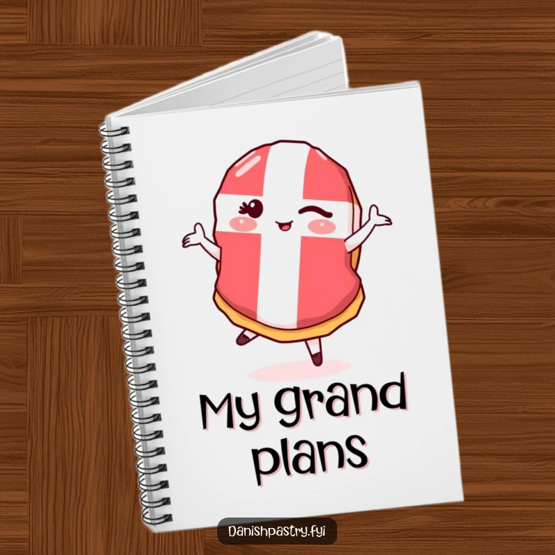 Funny Danish Flag Pastry Pirouette Notebook featuring a winking pastry doing a pirouette, perfect for jotting notes with humor.