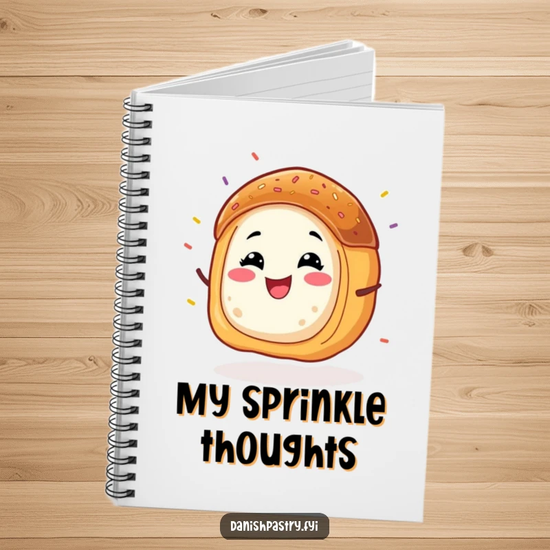 Funny Danish pastry notebook, a grinning character energetically wiggling with sprinkles flying, perfect for jotting down fun ideas.