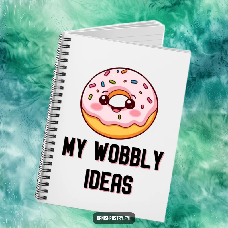 Funny donut notebook, a cheerful character doing a playful bounce with wobbling sprinkles, perfect for jotting down sweet ideas.