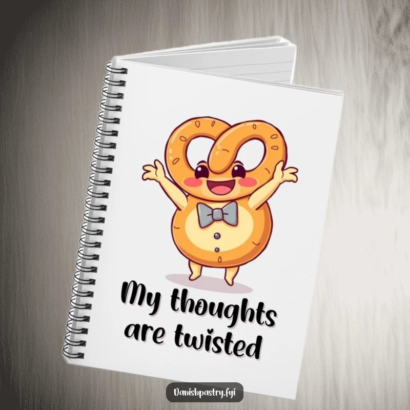 Funny grinning pretzel with a bow tie doing a somersault, a playful notebook for writing and planning.