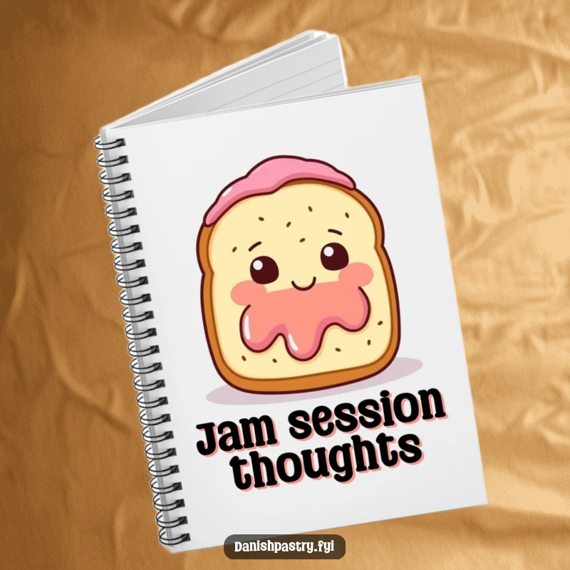 Funny Notebook featuring a smiling scone with jam, blushing and waving shyly, ideal for note-taking.