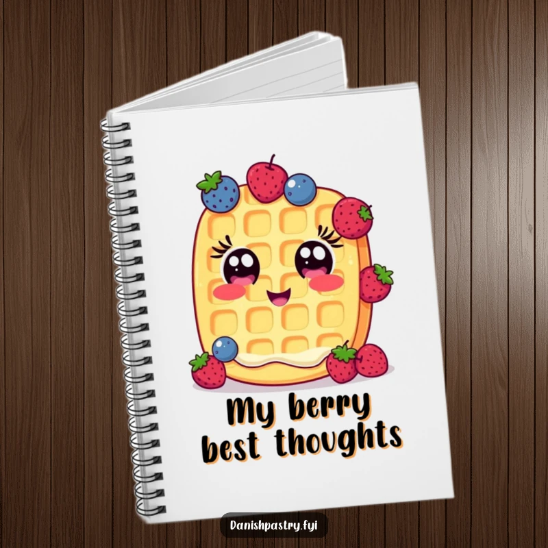 Funny Notebook: A cheerful waffle with wide eyes humorously juggles small berries, a whimsical place for your notes.