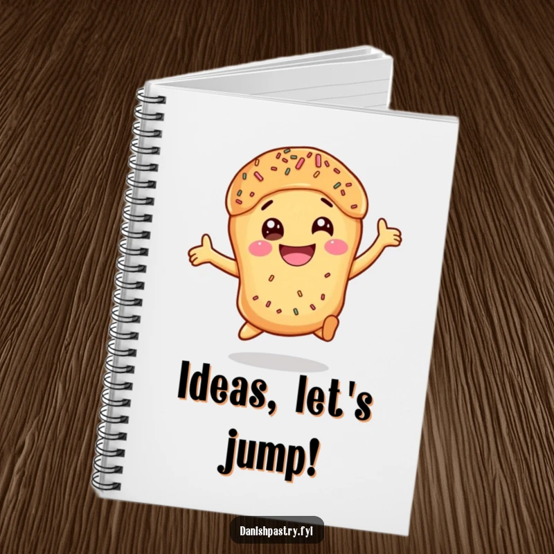 Funny Danish Pastry Leap Notebook featuring a happy, leaping pastry with sprinkles, perfect for jotting notes joyfully.