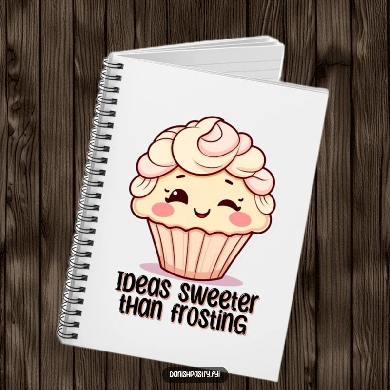 Funny notebook with a cheerful cupcake character, featuring frosting hair and a playful wink, great for jotting down notes humorously.