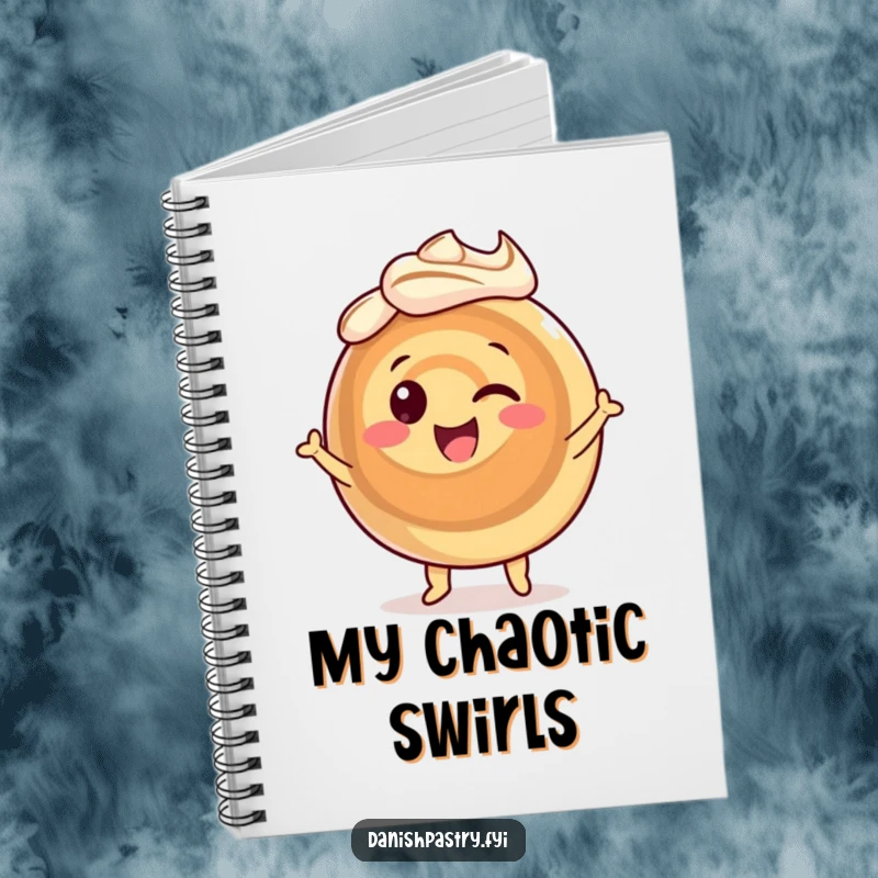 Funny cinnamon roll notebook featuring a happy, dancing pastry character with swirling icing, perfect for jotting down sweet thoughts.