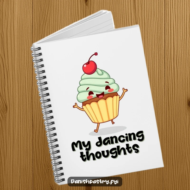 Funny notebook cover with a gleeful cupcake, cherry topping, and dancing. Perfect for writing down delightful thoughts.