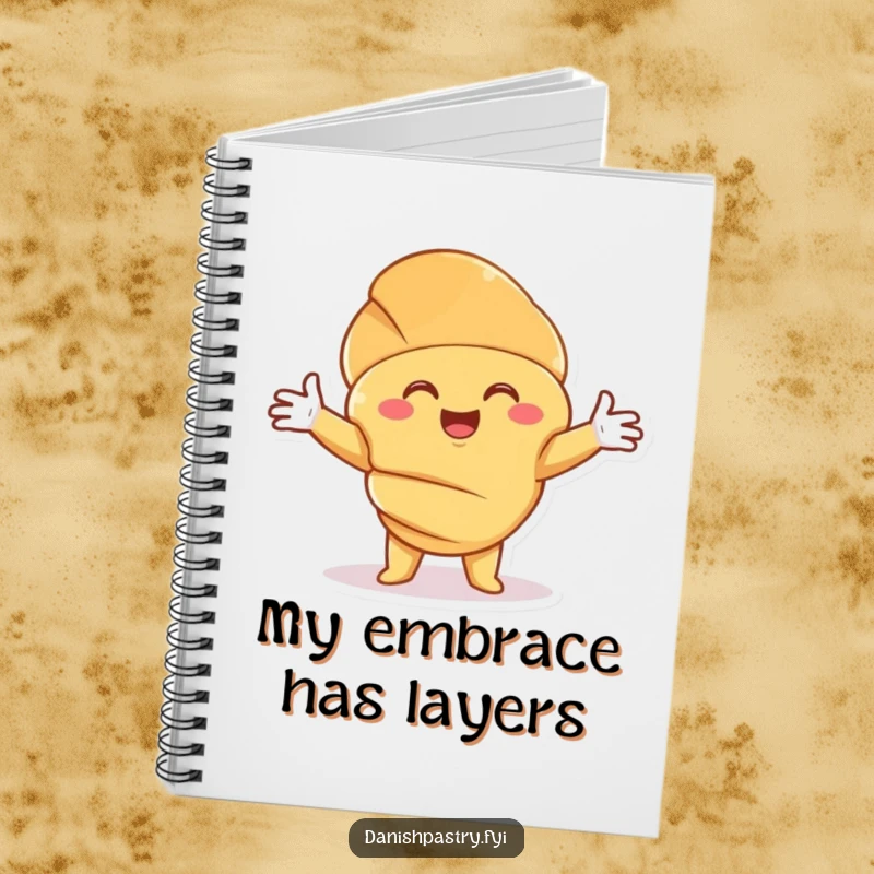 Funny Croissant Hug Notebook cover with a smiling character offering an embrace, perfect for jotting down comforting thoughts.