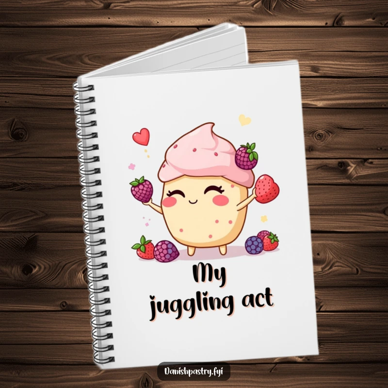 Funny muffin winking and juggling berries, creating a cheerful cover for a notebook, ideal for jotting down clever thoughts.
