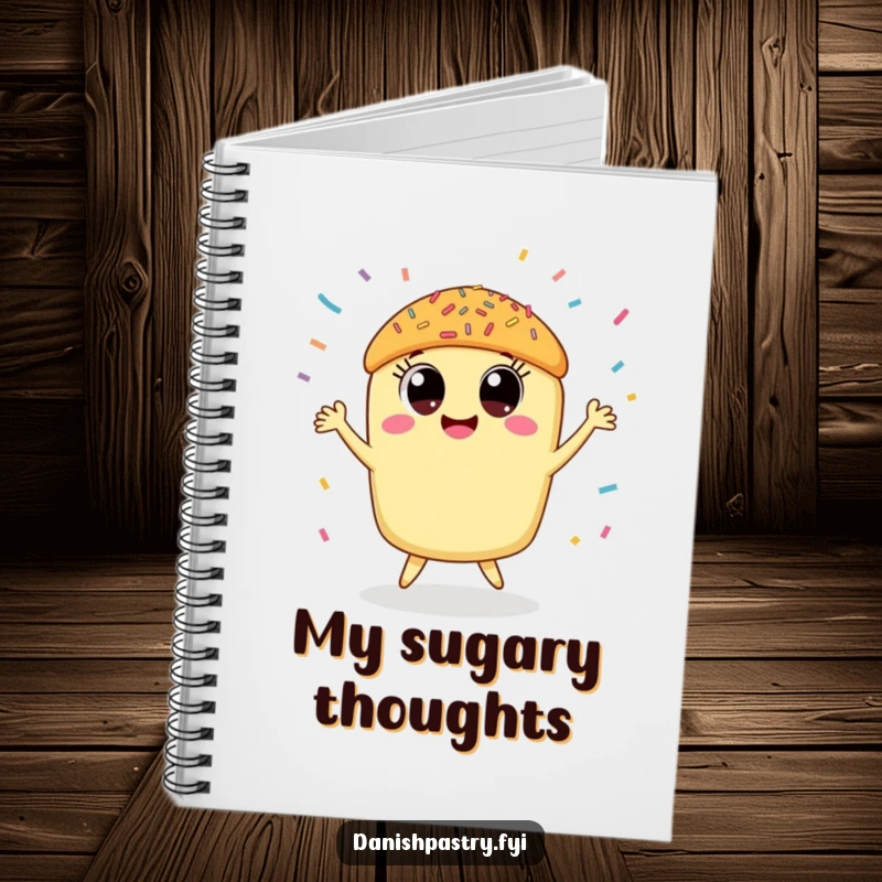 Funny pastry notebook featuring a smiling pastry dancing joyfully with sprinkles, perfect for jotting down sweet ideas.