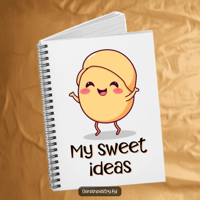 Funny croissant notebook with a smiling croissant with tiny legs doing a cheerful jig, perfect for writing and gift.
