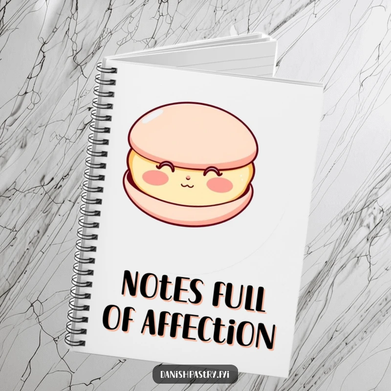 Funny notebook with a happy macaron character, rosy cheeks, blowing a kiss, great for jotting down sweet and humorous notes.