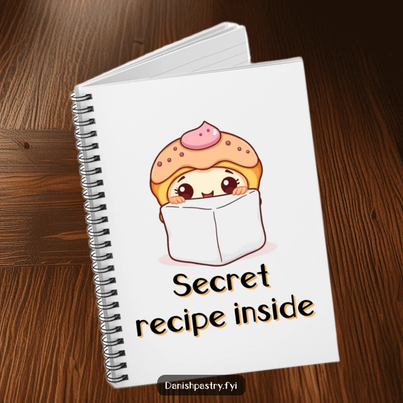 Funny notebook cover with a curious Danish pastry peeking from behind a sugar cube, inspiring sweet thoughts and creativity.