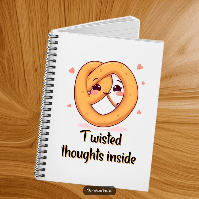 Funny notebook with a happy pretzel character twisting playfully on the cover, ideal for jotting down ideas with a snack-themed flair.