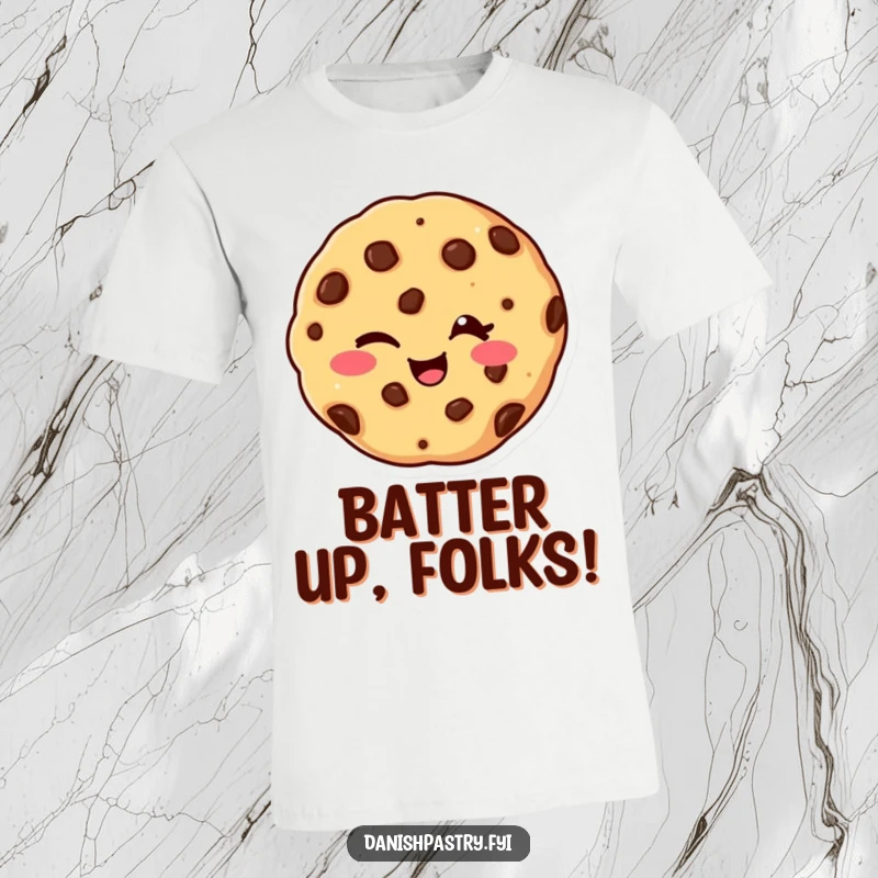 Funny graphic t-shirt with a giggling chocolate chip cookie winking playfully, showcasing a sweet and humorous personality.