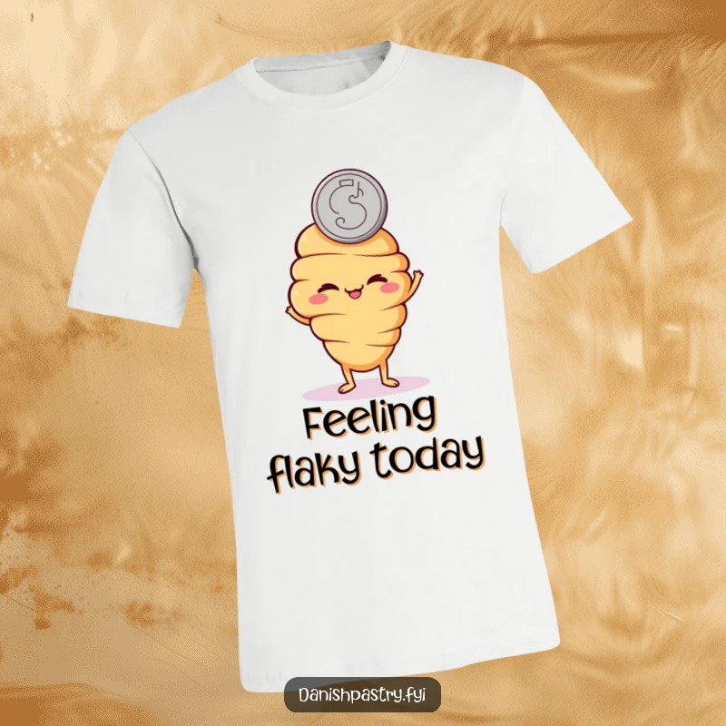 Funny t-shirt with a mischievous croissant character flipping a coin, embodying playful decision-making and humor.
