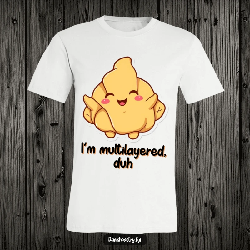 Funny croissant t-shirt, a happy pastry character unfolding its flaky layers with a genuinely cheerful expression.
