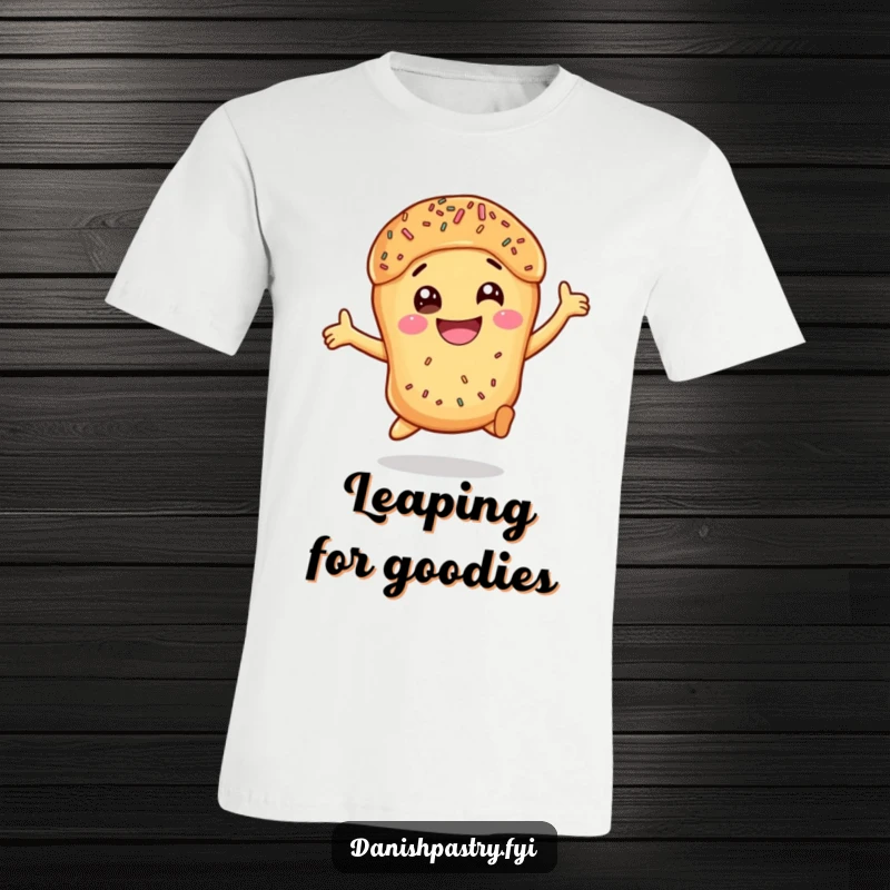 Funny Danish Pastry T-Shirt featuring a smiling, leaping pastry with colorful sprinkles, ideal for a funny gift.