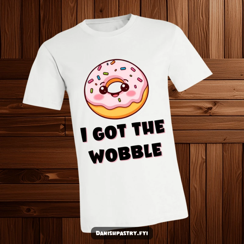 Funny donut t-shirt, a cheerful character in a playful bounce with its colorful sprinkles wobbling. A fun design.