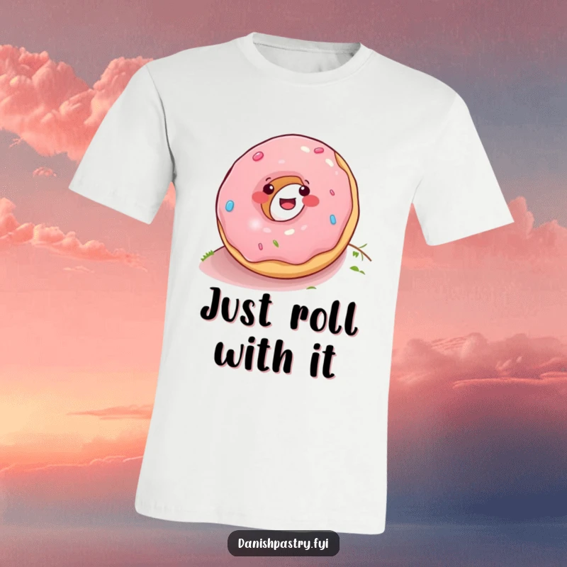 Funny donut enthusiastically rolling down a grassy hill, depicted in a cartoon style, showcasing pure bliss and humorous motion.
