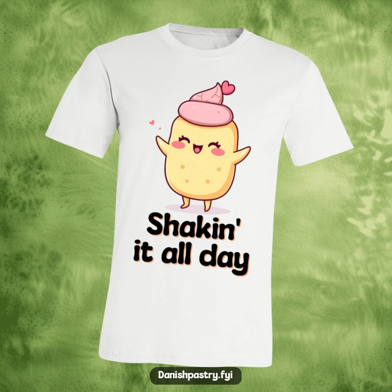 Funny t-shirt graphic of a giddy scone character doing a joyful shimmy, embodying happy baking vibes.