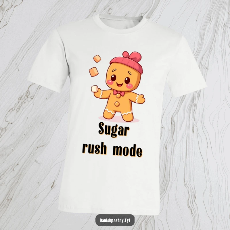 Funny cheerful gingerbread man character juggling sugar cubes, printed on a t-shirt, excellent for a playful present.