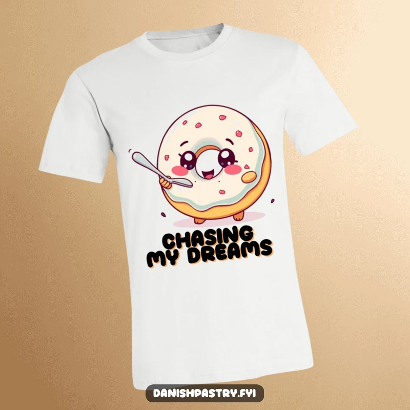 Funny T-Shirt: A delighted jelly donut with sparkling eyes joyfully running after a tiny spoon, showcasing a humorous food obsession.
