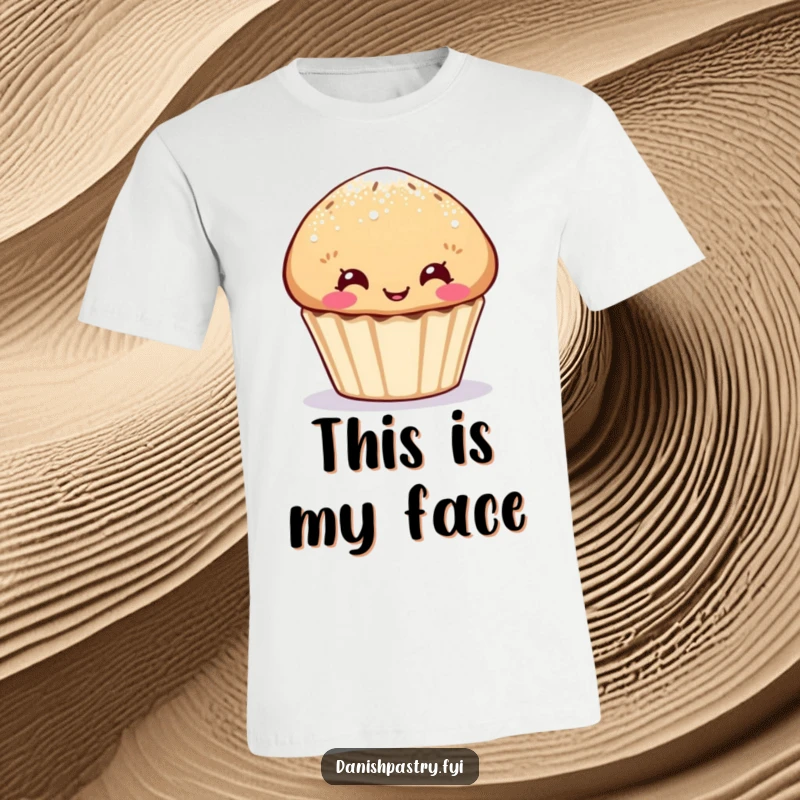 Funny muffin t-shirt, sugar-dusted character with a funny face, a quirky and humorous apparel gift.