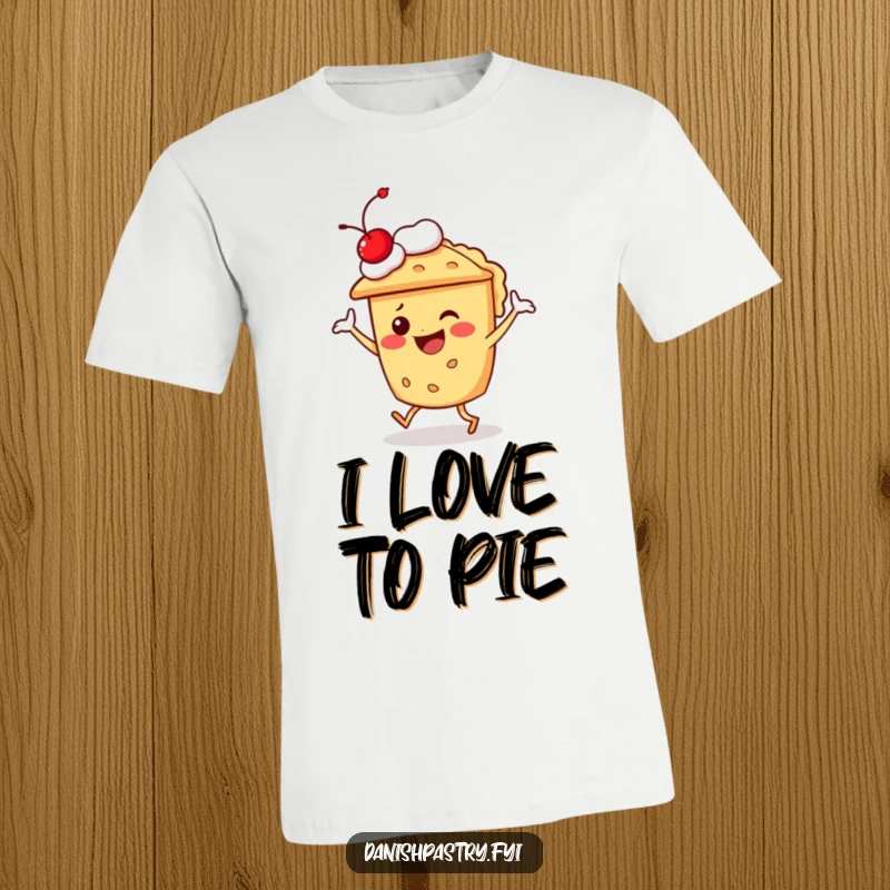 Funny pie character in a silly dance pose with a cherry on top, printed on a hilarious dessert t-shirt.