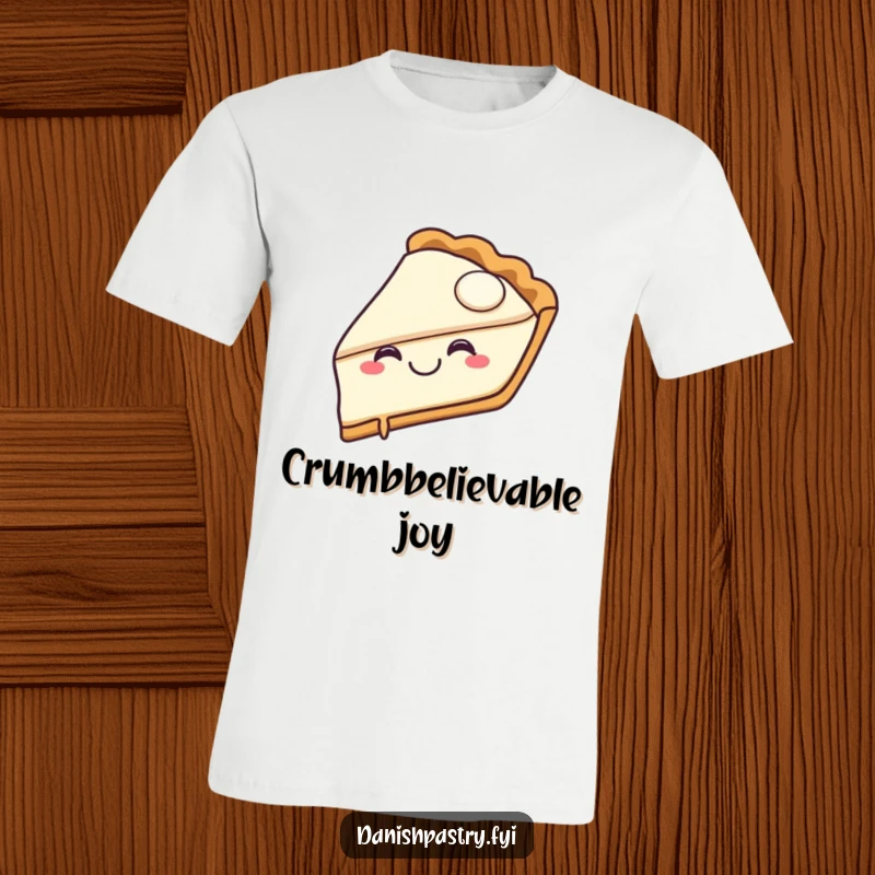 Funny pie slice t-shirt featuring a joyful character with a happy grin taking a bite, showcasing pure dessert delight.