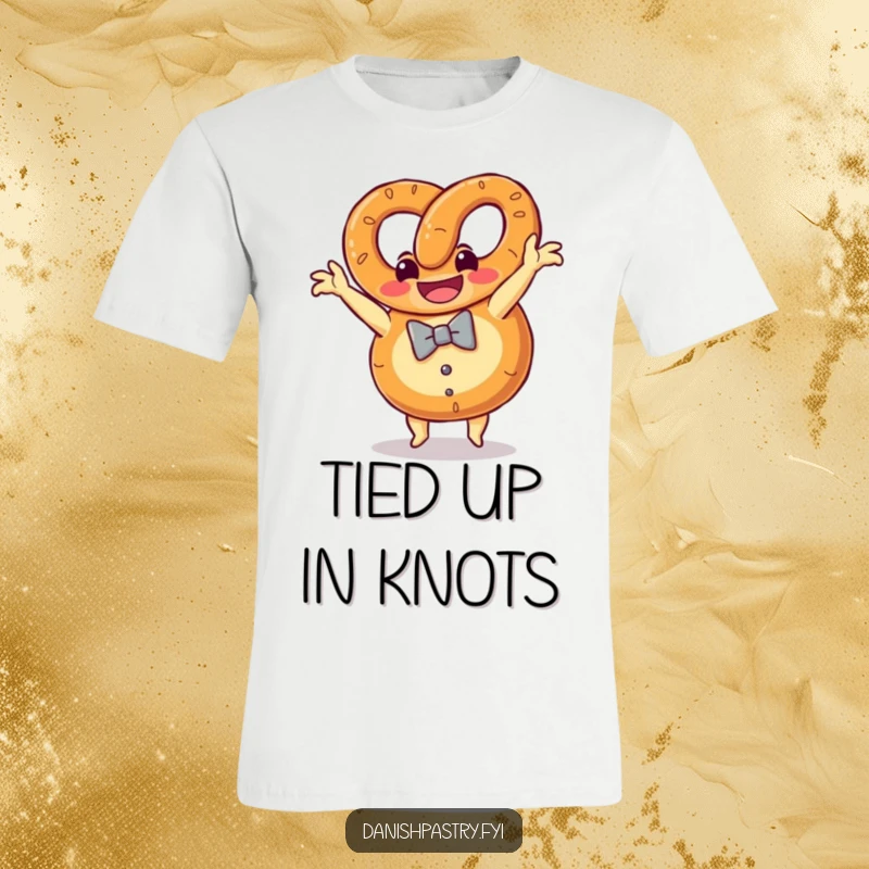 Funny pretzel with a bow tie grinning while doing a somersault, a cheerful and athletic t-shirt graphic.