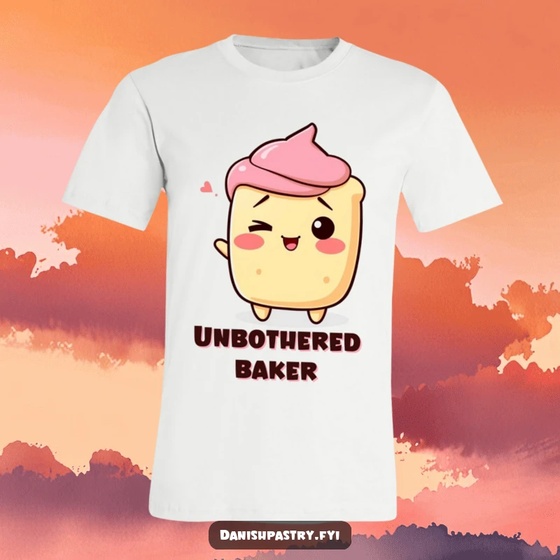 Funny scone character shrugging playfully with a wink, on a casual and hilarious dessert t-shirt.