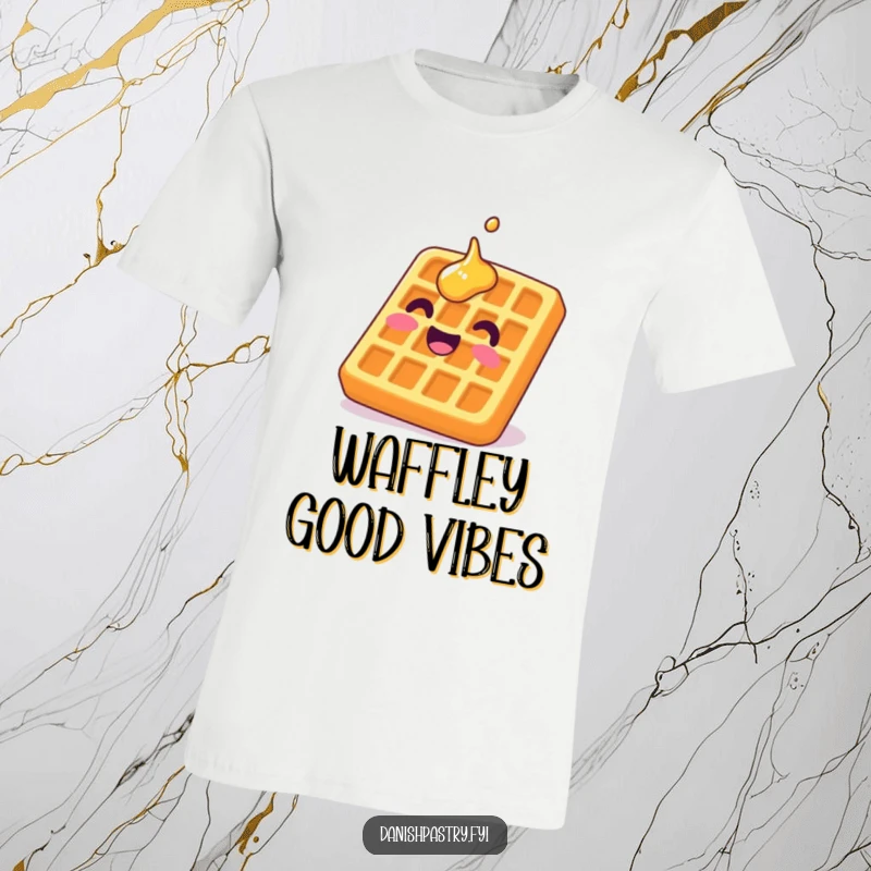 Funny waffle t-shirt featuring a delighted character grinning upside down with syrup, showcasing pure breakfast amusement.