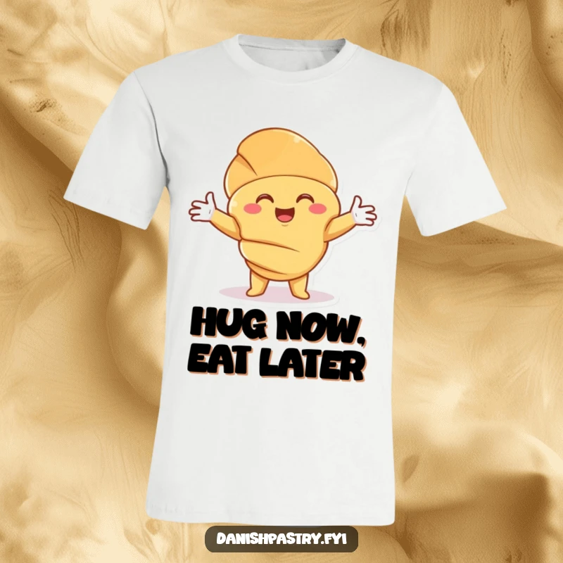 Funny Croissant Hug T-Shirt showcasing a smiling character offering a warm embrace, perfect for spreading comfort and humor.