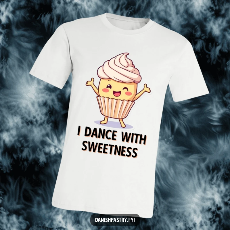 Funny T-Shirt: A delighted cupcake with frosting performs a playful dance, exuding infectious energy and sweet happiness.