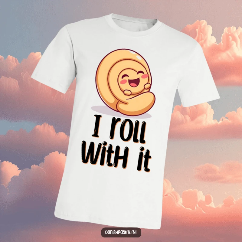 Funny Cinnamon Roll T-Shirt depicting a laughing cinnamon roll rolling playfully, ideal for a funny gift.