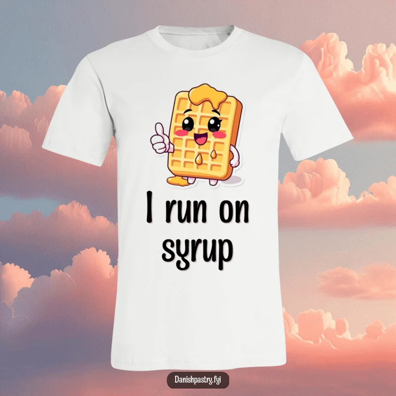 Funny Waffle T-Shirt with dripping syrup giving a thumbs-up, showcasing a cheerful and delicious apparel design.