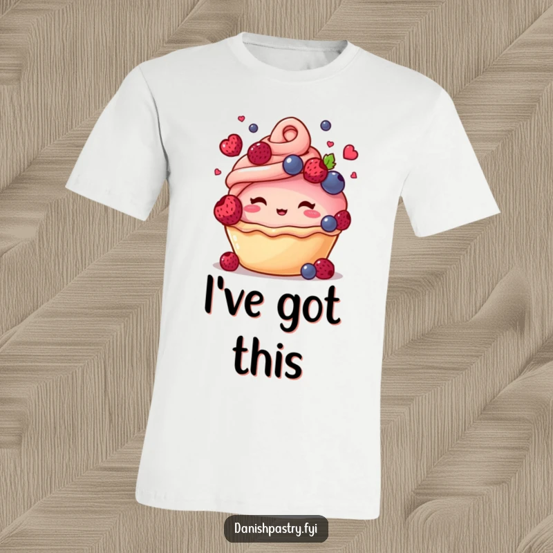 Funny t-shirt featuring a blushing pastry character humorously juggling tiny berries, perfect for casual wear and sweet laughter.