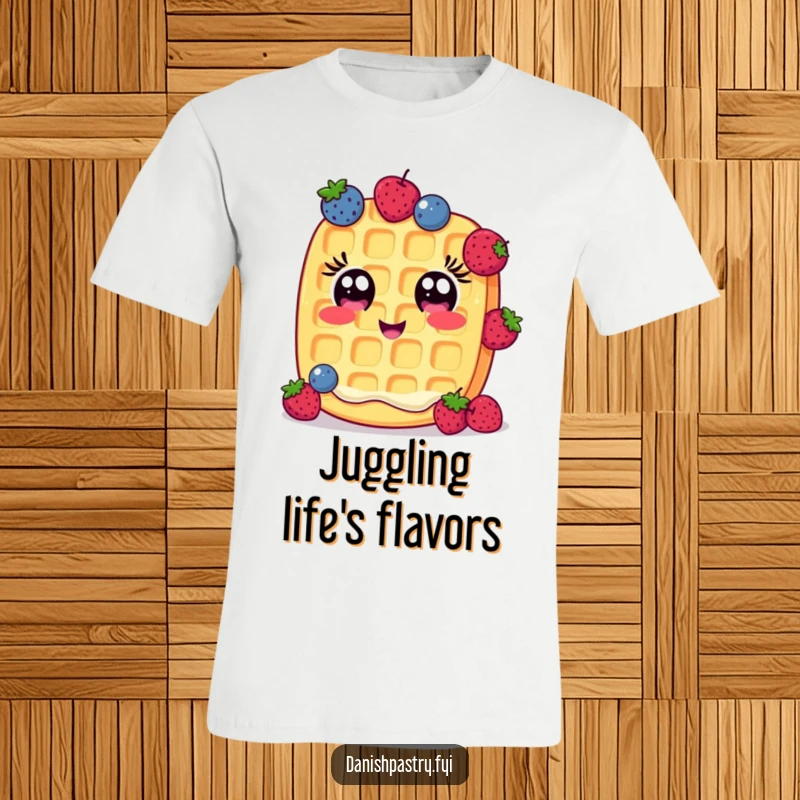 Funny T-Shirt: A cheerful waffle with wide eyes skillfully juggles small berries, a humorous depiction of breakfast fun.