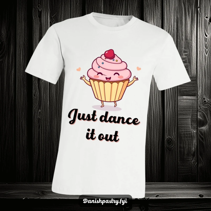 Funny cupcake dancing energetically, with a clear expression of giggling joy, printed on a soft tee for maximum fun.