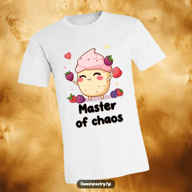 Funny muffin winking and juggling berries, depicted with skill and humor on a comfortable t-shirt.