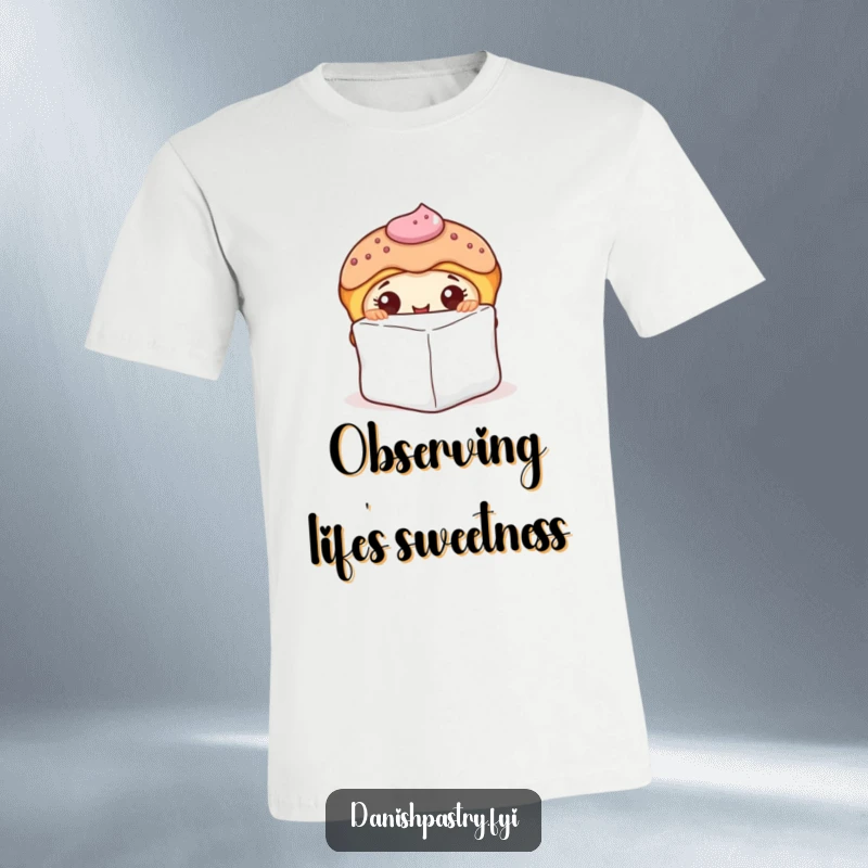 Funny t-shirt featuring a curious Danish pastry with icing, peeking playfully from a sugar cube, perfect for a sweet look.