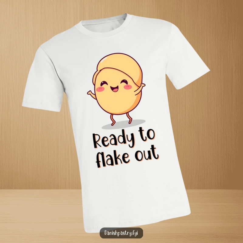 Funny croissant t-shirt featuring a smiling croissant with tiny legs doing a cheerful jig, perfect fun apparel gift.