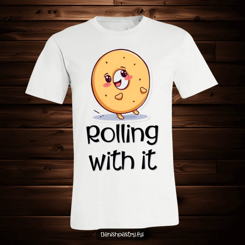 Funny bagel t-shirt, a smiling character with a determined waddle, hilariously attempting to roll uphill. A motivational design.
