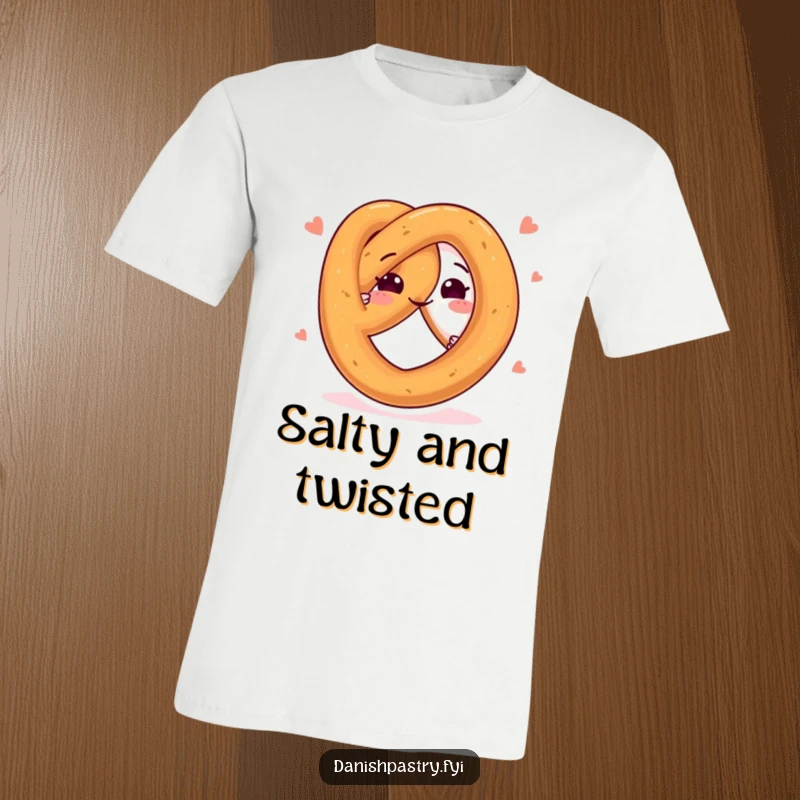 Funny t-shirt graphic of a happy pretzel character twisting in a playful, energetic pose.