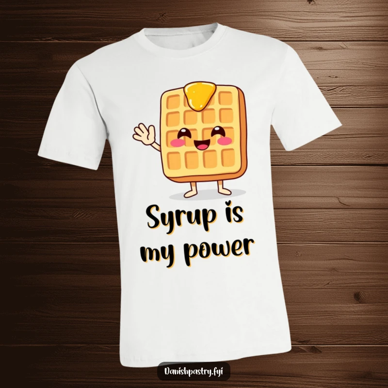 Funny graphic t-shirt of a smiling waffle with syrup dripping, waving enthusiastically in a friendly and cheerful manner.