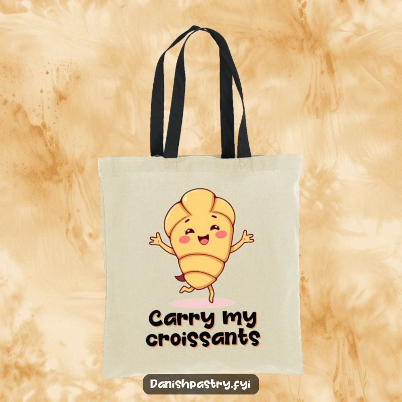 Funny almond croissant character tote bag, captured doing a happy jig, designed for carrying essentials with pastry-themed joy and cheer.
