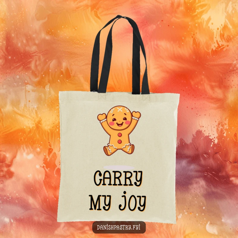 Funny gingerbread person in a celebratory leap, on a chic and funny dessert tote bag.