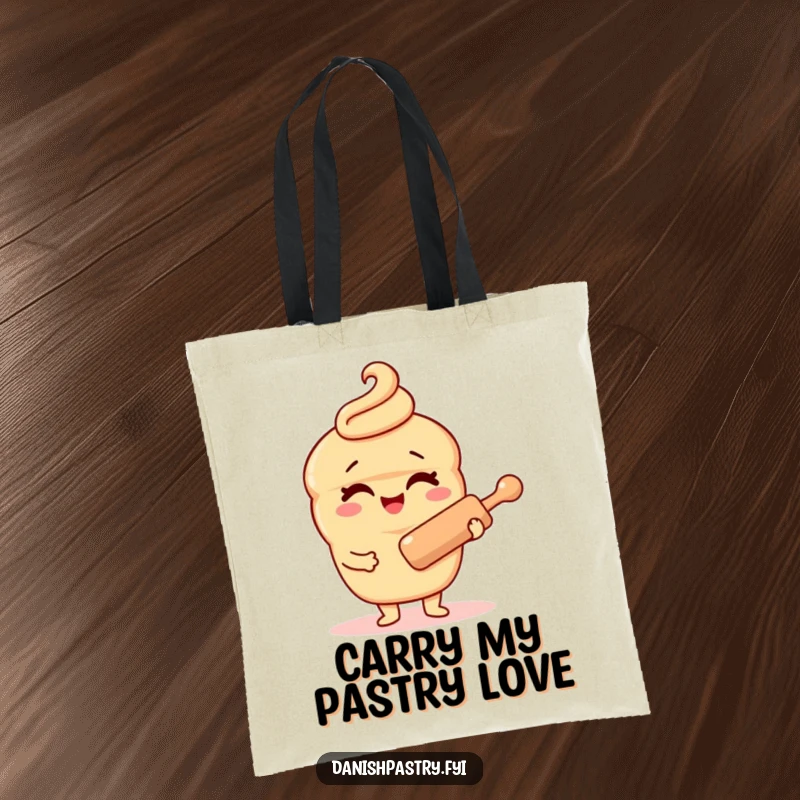 Funny Danish pastry character tote bag, winking with a rolling pin, designed for stylish shopping and carrying baked goods with humor.